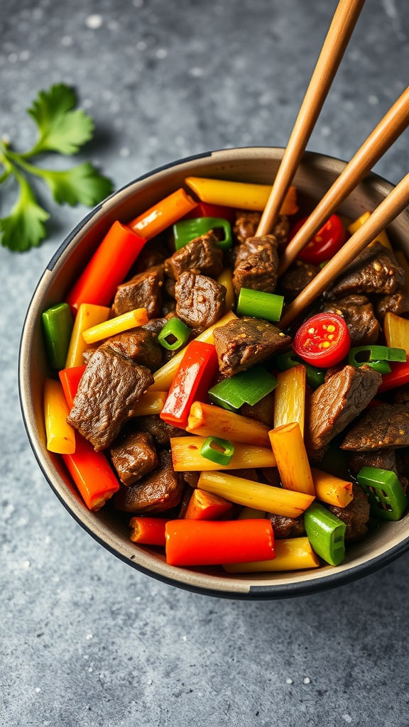 One-Pot Beef and Vegetable Stir-Fry with colorful vegetables and beef in a bowl