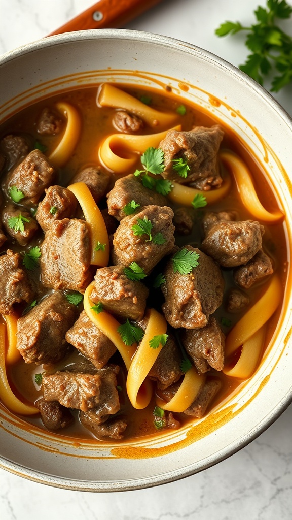 A comforting bowl of beef stroganoff with egg noodles and garnished with parsley.