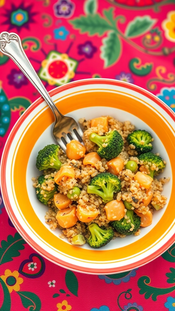 Bowl of cheesy broccoli and quinoa dish with colorful background