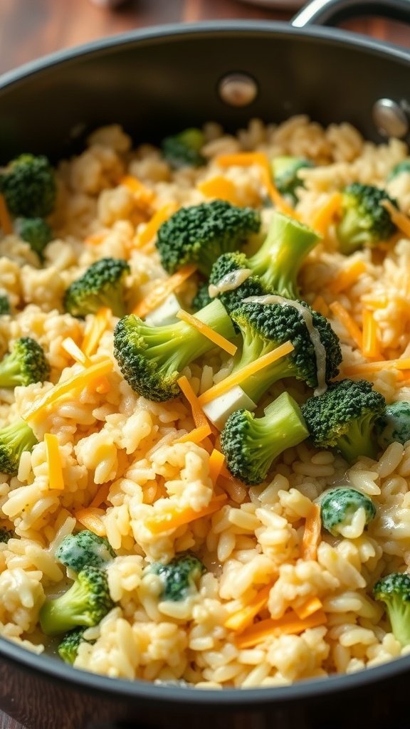 One-Pot Cheesy Broccoli and Rice dish with broccoli and cheese
