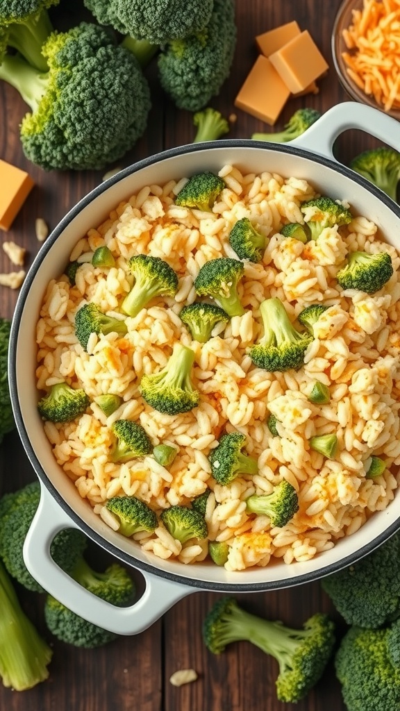 A pot filled with cheesy broccoli and rice, showcasing vibrant green broccoli and golden cheese.