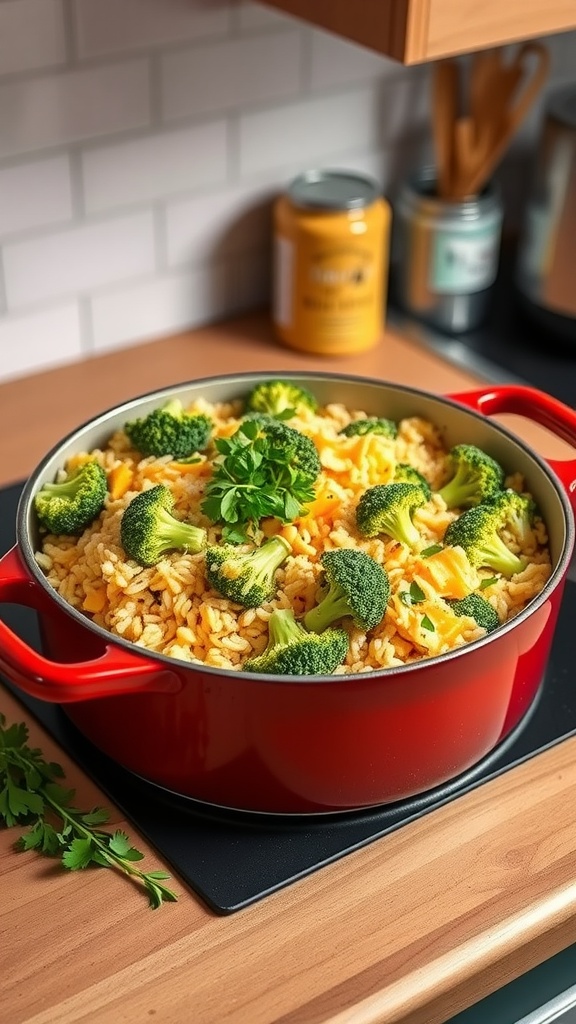 A vibrant bowl of cheesy broccoli and rice in a red pot with some fresh parsley on the side.