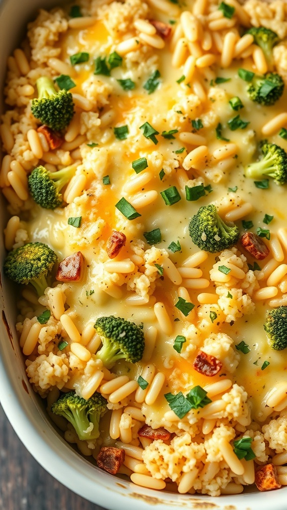 A delicious one-pot cheesy broccoli and rice casserole with broccoli florets and melted cheese.