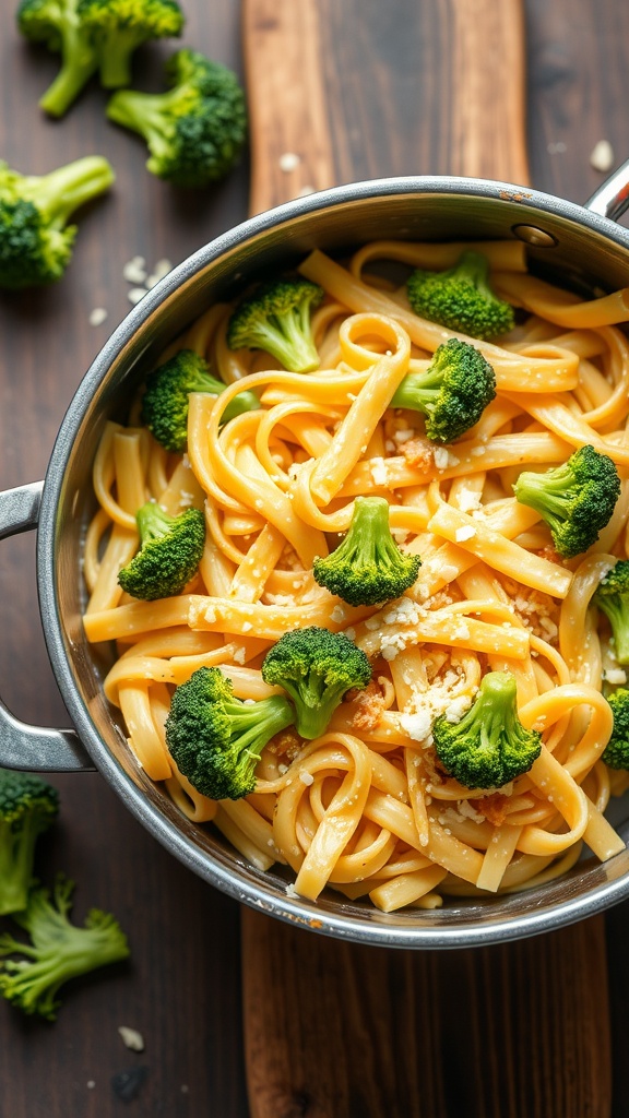 One-pot cheesy broccoli pasta in a silver pot with broccoli florets on top