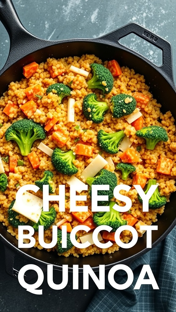 A colorful one-pot meal featuring quinoa, broccoli, and cheese.