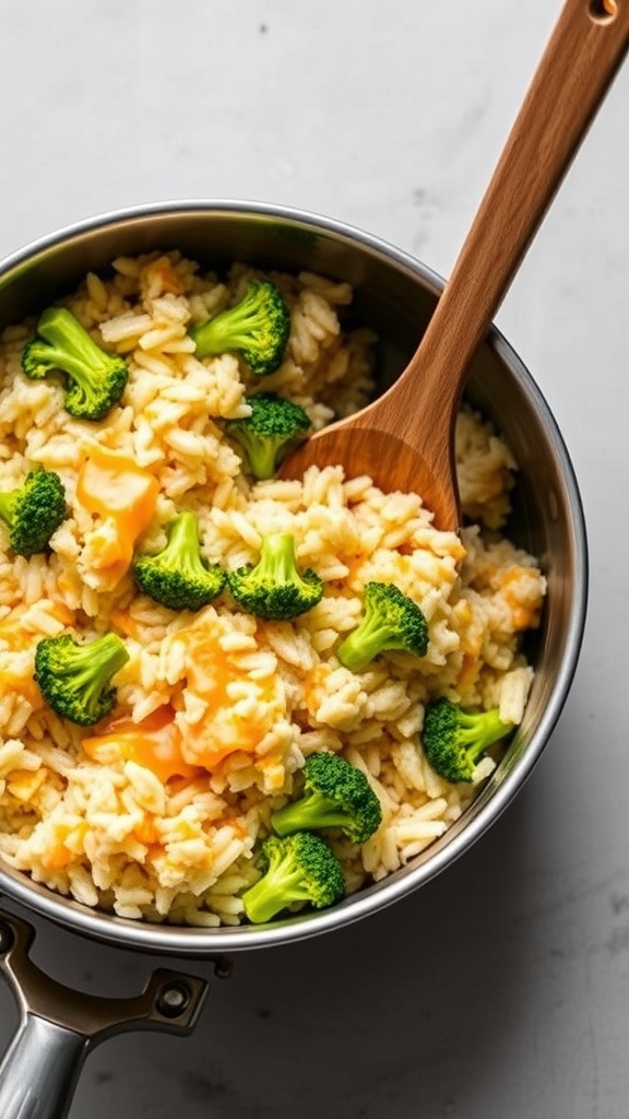A pot of cheesy broccoli rice with florets and melted cheese.