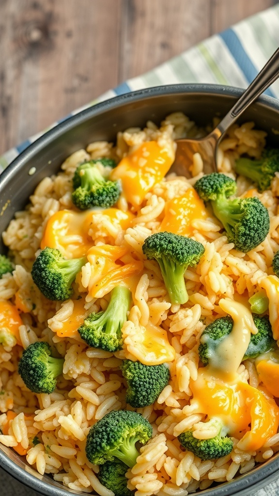 A delicious bowl of cheesy broccoli rice featuring green broccoli and melted cheese over rice.