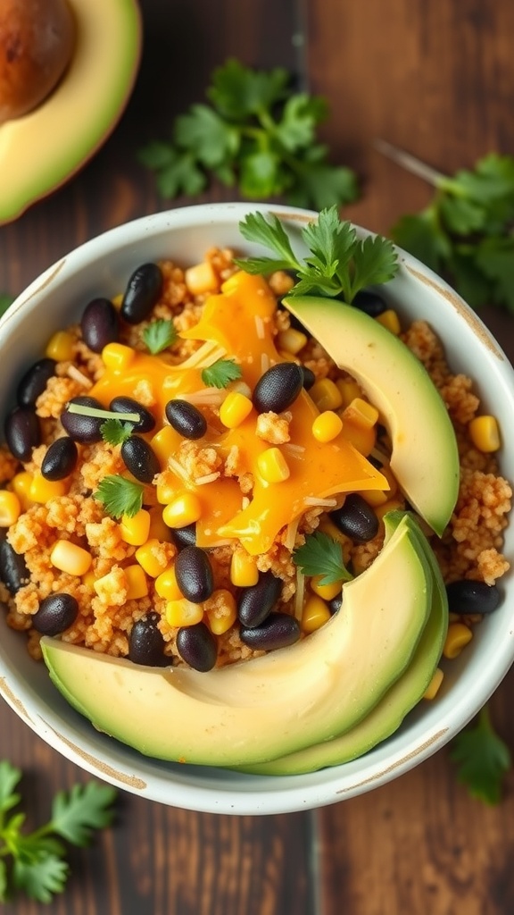 A bowl of cheesy Mexican quinoa topped with black beans, corn, and avocado slices.