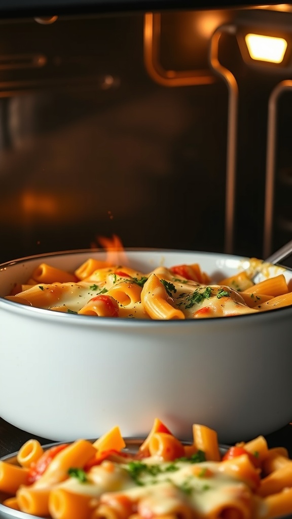 A delicious one-pot cheesy pasta bake with melted cheese and herbs.