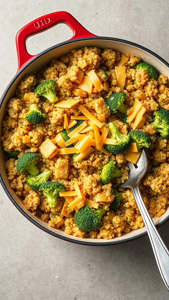A pot of cheesy quinoa and broccoli