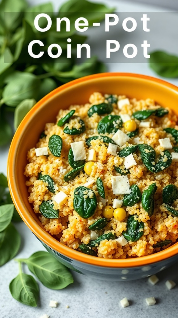 A bowl of cheesy quinoa mixed with fresh spinach and topped with cheese