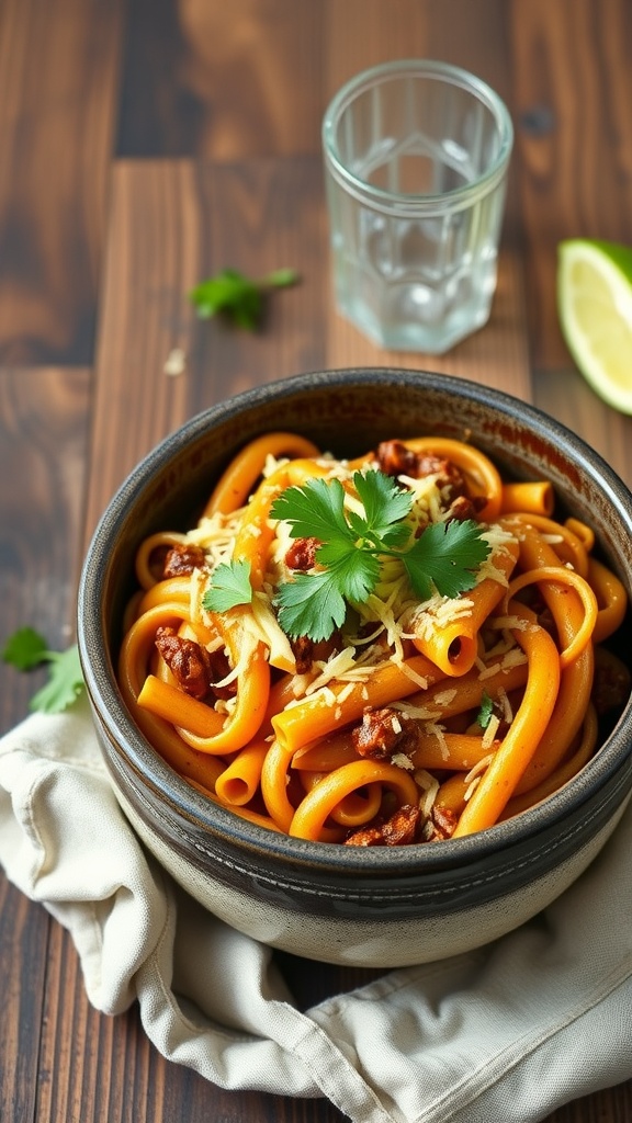 A bowl of cheesy taco pasta garnished with cilantro.