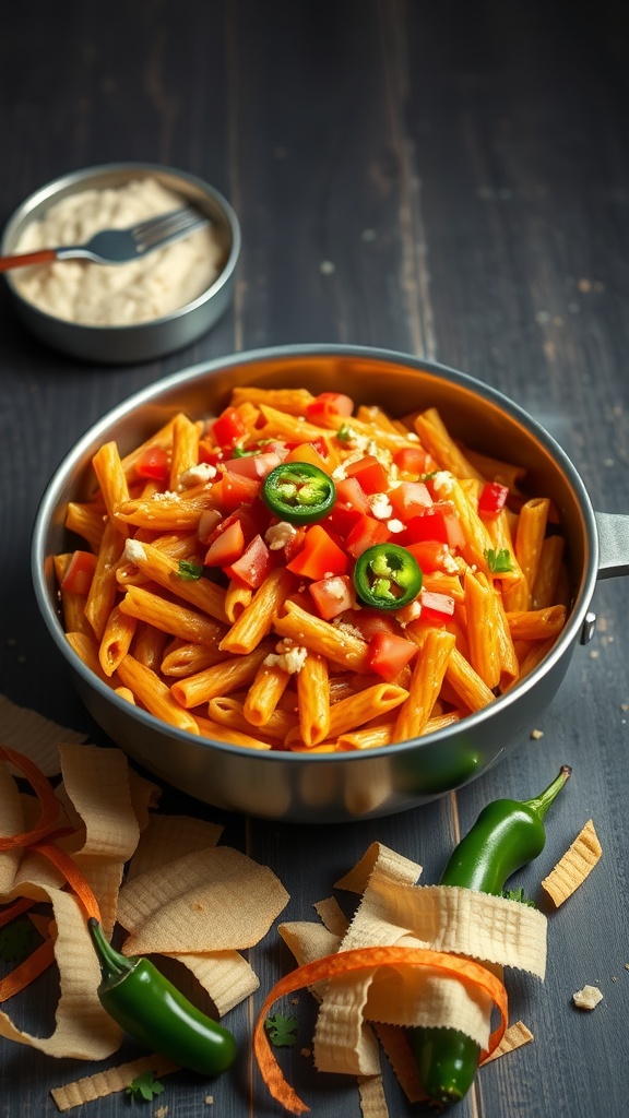 Delicious one-pot cheesy taco pasta in a silver pot, topped with fresh tomatoes and jalapeños
