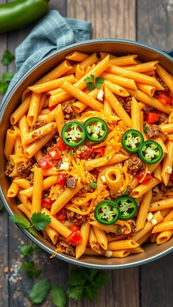 A delicious bowl of creamy cheesy taco pasta, garnished with jalapeños and cilantro.
