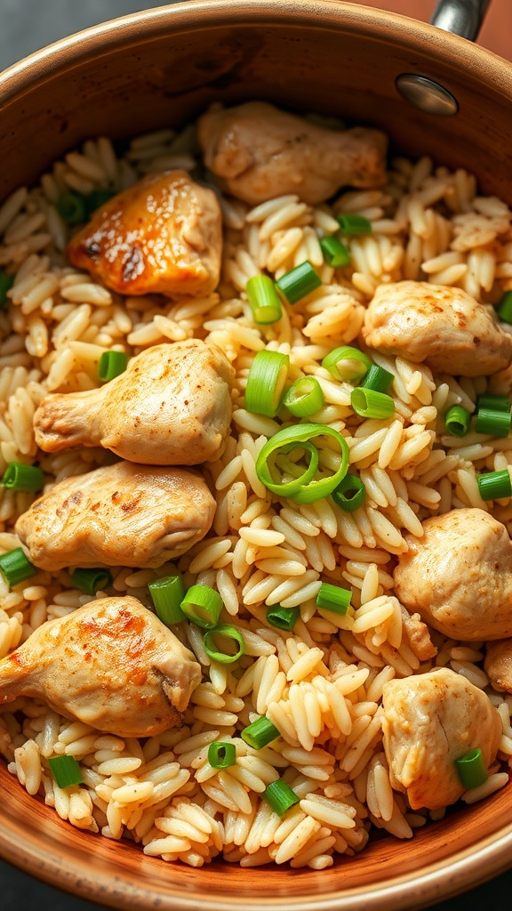 A delicious one-pot chicken and rice dish garnished with green onions.