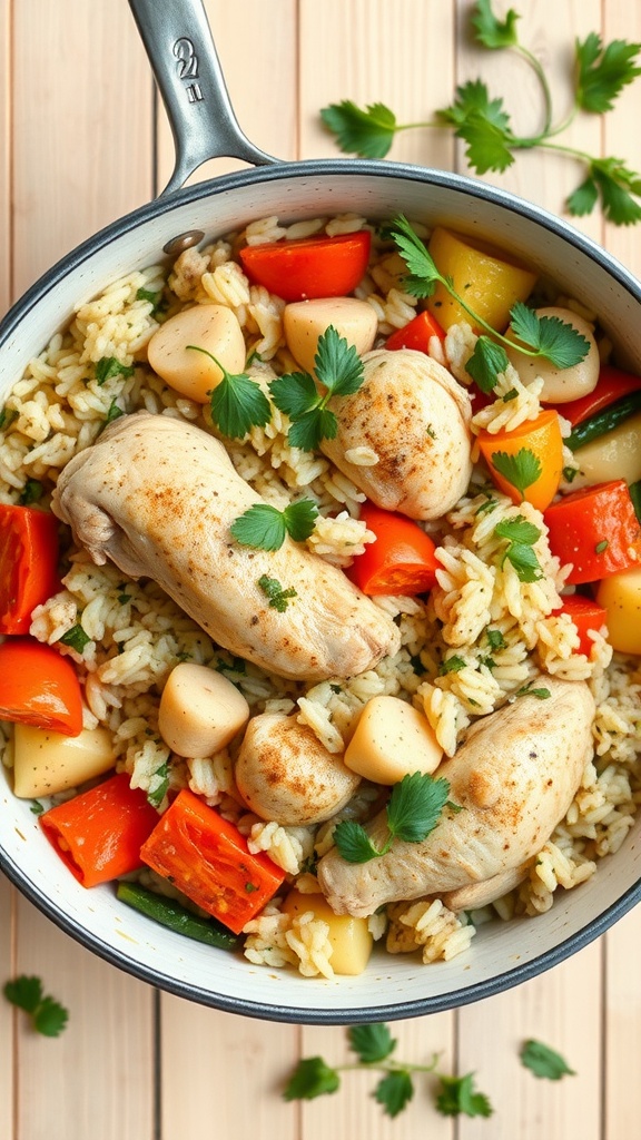 A colorful one-pot chicken and rice dish with vegetables.