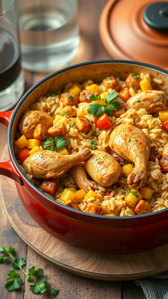 A colorful one-pot meal featuring chicken, rice, and vegetables.