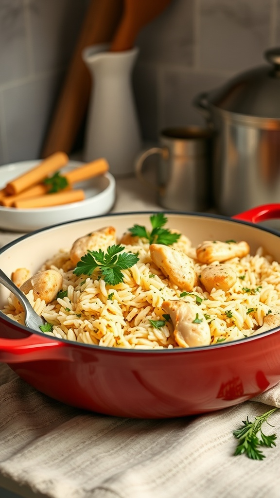One-Pot Chicken and Rice with Herbs in a red pot, garnished with parsley.