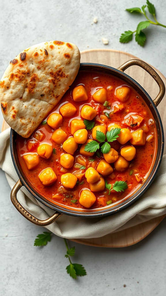 A bowl of chickpea curry with naan and fresh herbs