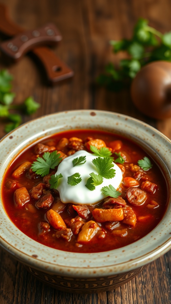 A comforting bowl of chili with beans topped with sour cream and cilantro.