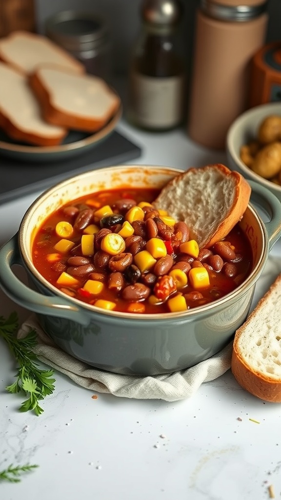 A delicious bowl of one-pot chili with beans and corn, garnished with cilantro and served with slices of bread.