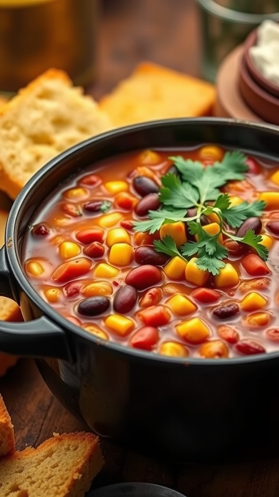 A bowl of chili with beans and corn, garnished with cilantro.