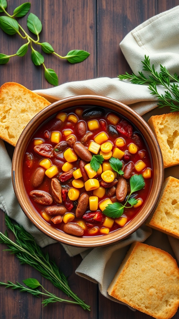 A bowl of colorful chili with beans and corn served with cornbread.