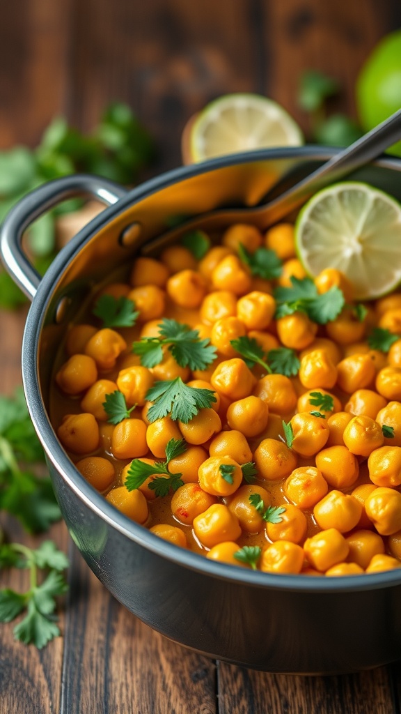 A pot of coconut curry chickpeas with cilantro and lime