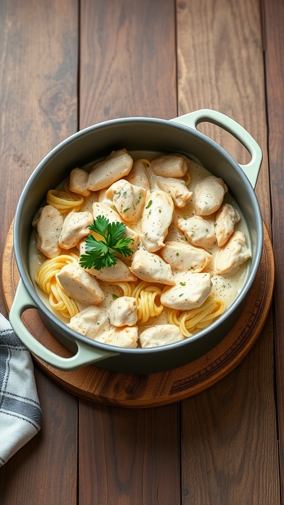 A pot of creamy chicken alfredo pasta with chicken pieces and parsley on top.