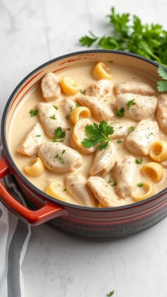 A creamy chicken alfredo dish with pasta and parsley garnish
