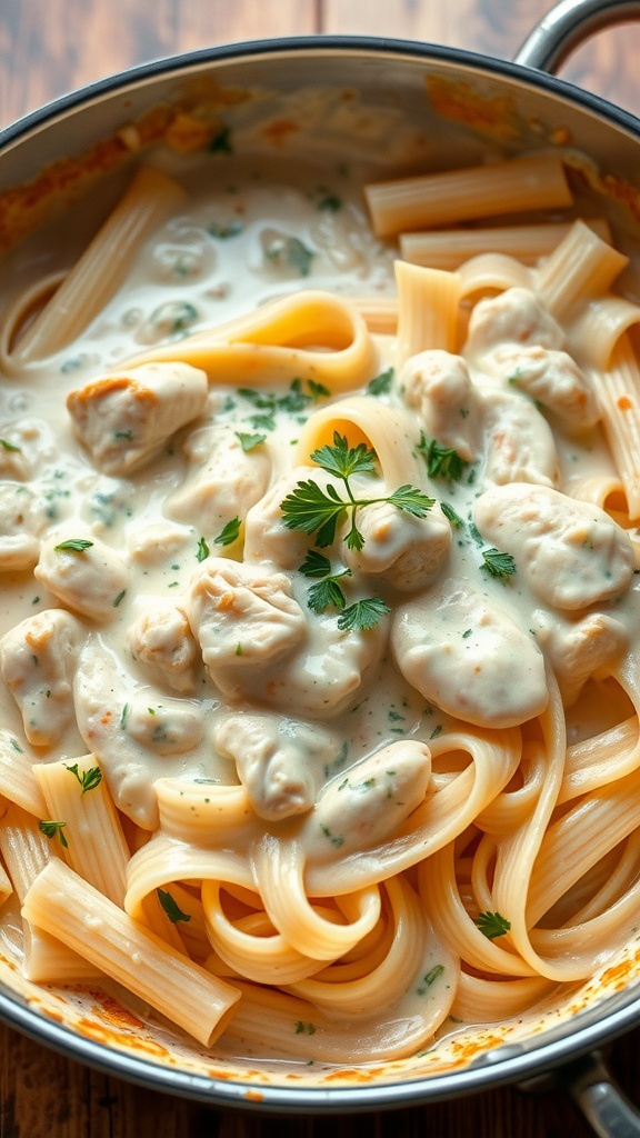 A creamy chicken alfredo dish with pasta.