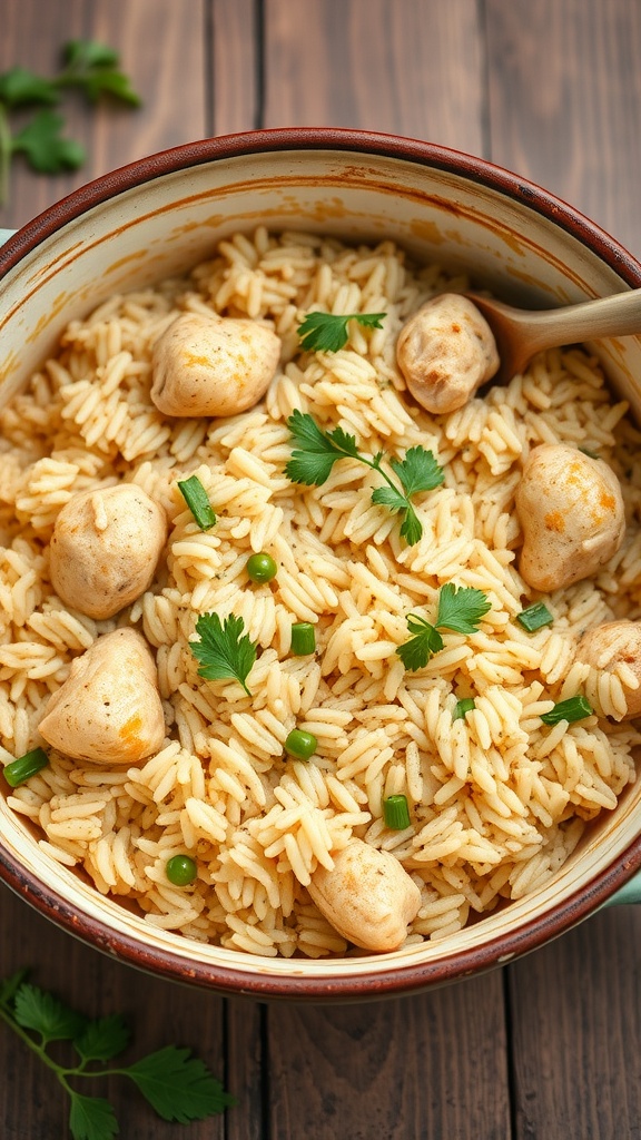A bowl of creamy chicken and rice with herbs.