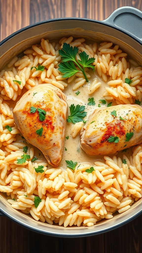 A delicious one-pot creamy chicken and rice dish.