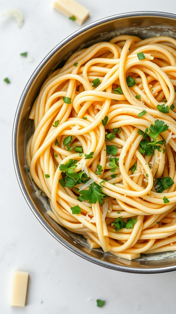 A bowl of creamy garlic pasta topped with fresh herbs.