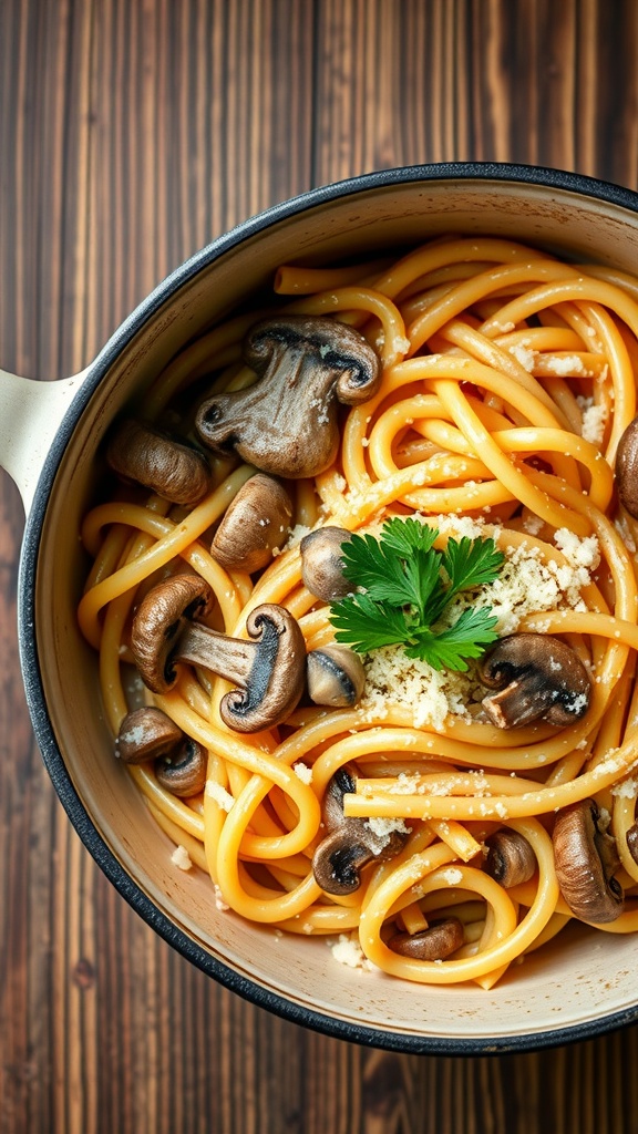 A bowl of creamy mushroom pasta with herbs and cheese, served in a pot.