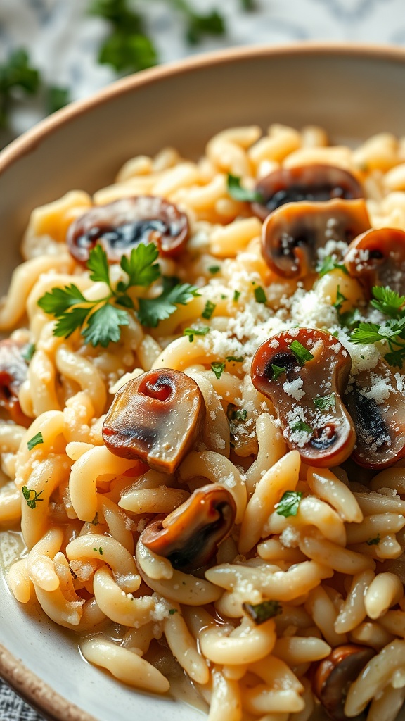 Creamy mushroom risotto served in a bowl with parsley on top.