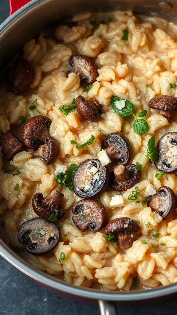 Creamy mushroom risotto in a pot with fresh herbs