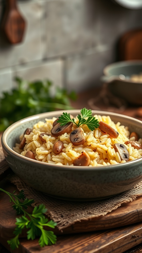 A bowl of creamy mushroom risotto garnished with parsley.