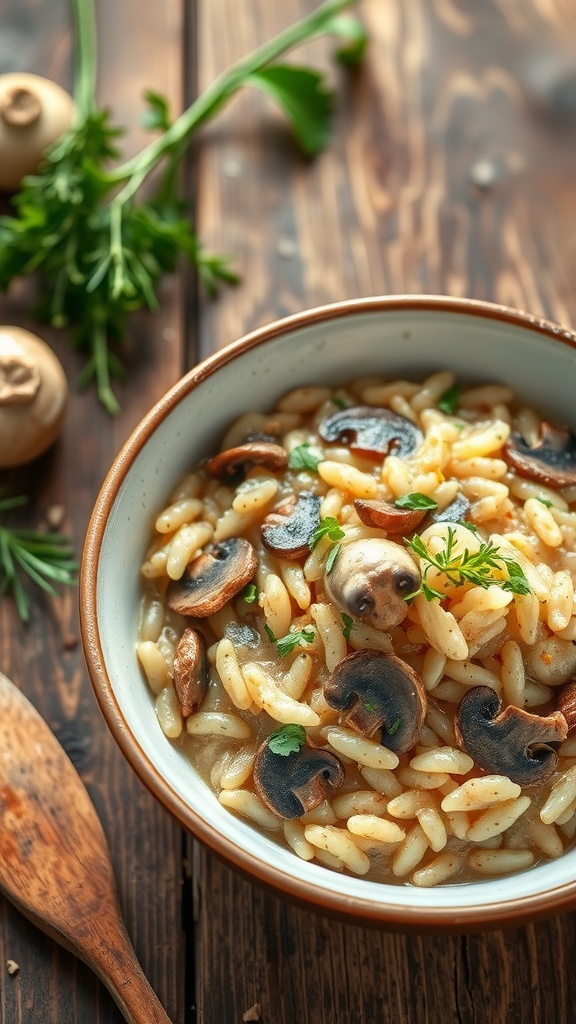 A bowl of creamy mushroom risotto garnished with parsley, served on a wooden table.