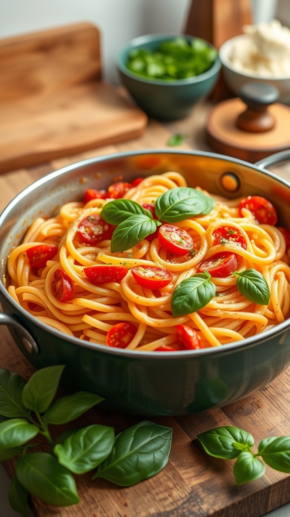 A delicious one-pot creamy tomato basil pasta dish garnished with fresh basil.