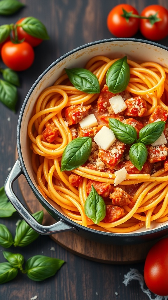 A pot of creamy tomato basil pasta garnished with fresh basil and diced tomatoes.