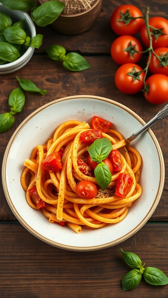 A bowl of creamy tomato basil pasta topped with fresh basil and cherry tomatoes.