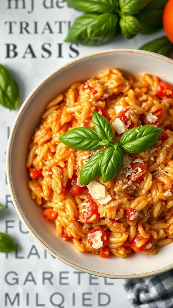 A bowl of creamy tomato basil risotto garnished with fresh basil leaves
