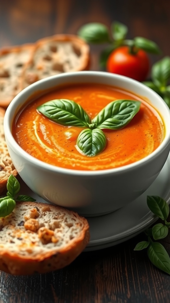 A bowl of creamy tomato basil soup with fresh basil leaves on top and slices of bread on the side.