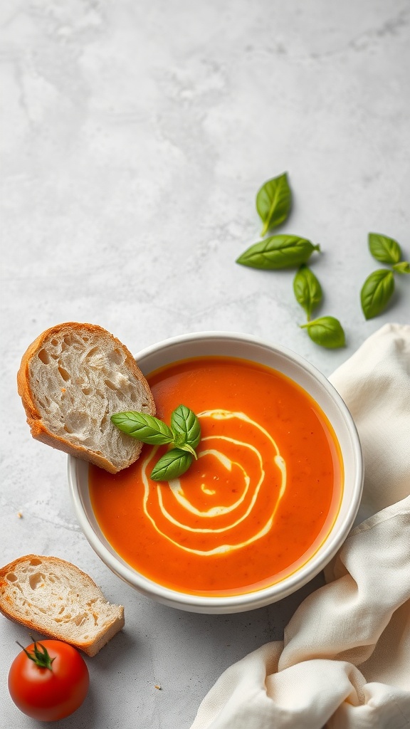 A bowl of creamy tomato basil soup with a swirl of cream on top and a slice of bread.