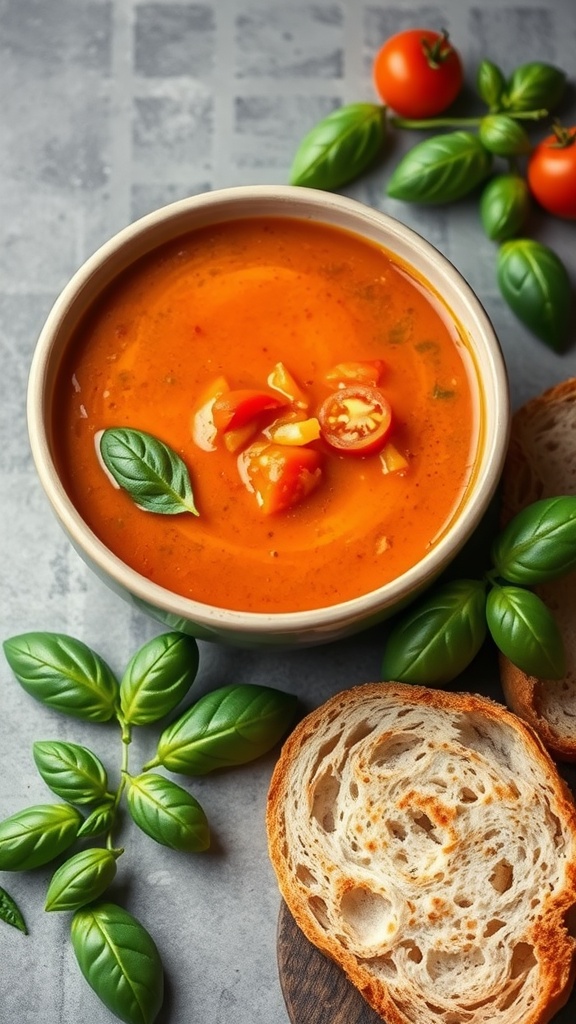 A bowl of creamy tomato basil soup with fresh ingredients
