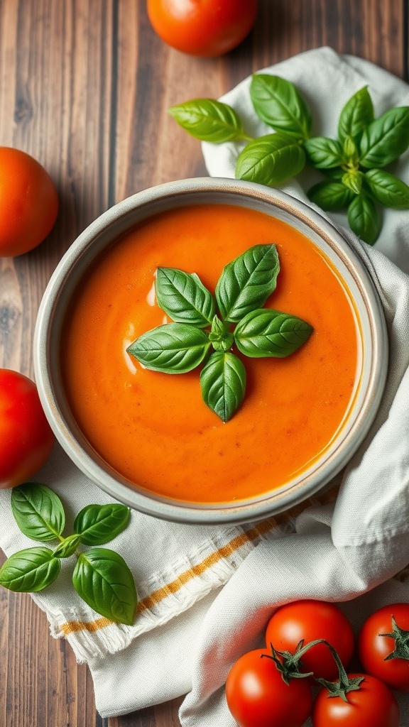 A bowl of creamy tomato basil soup garnished with basil leaves, surrounded by fresh tomatoes.
