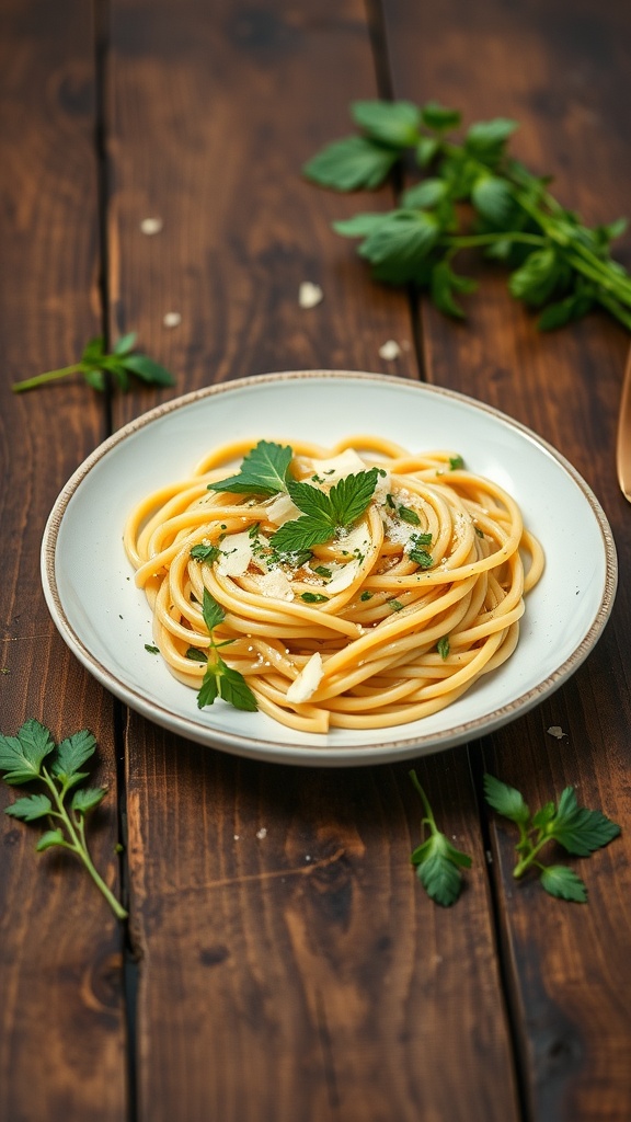 A plate of one-pot garlic herb pasta garnished with fresh parsley