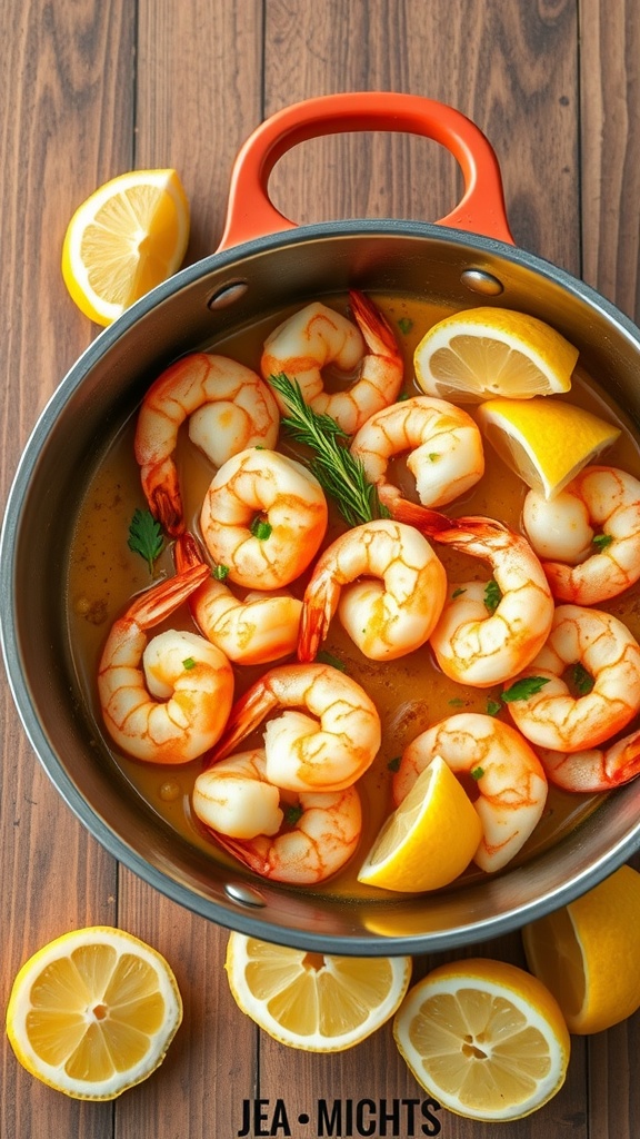 A dish of lemon garlic shrimp with lemon wedges
