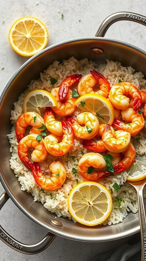 A delicious one-pot lemon garlic shrimp and rice dish with vibrant colors.